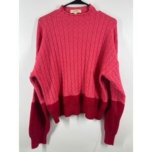 Beige Pink Red Cable Knit Colorblock Mock Neck Sweater Womens XL Pullover
